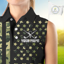 Load image into Gallery viewer, Black and Green Camo American Flag Sleeveless Polo Shirts Custom patriotic ladies&#39;s golf clothing NQS11178