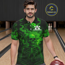 Load image into Gallery viewer, Custom Green Smoke Skull Bowling Polo, Quarter Zip Shirts For Men, Skull Team Bowling Jersey NQS10798