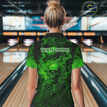Load image into Gallery viewer, Custom Green Smoke Skull Bowling Polo, Quarter Zip Shirts For Women, Skull Team Bowling Jersey NQS10798