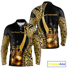 Load image into Gallery viewer, Black and Gold crown Bowling ball pins Polo, Quarter Zip Shirts for Men Custom Bowling Team jerseys NQS11592
