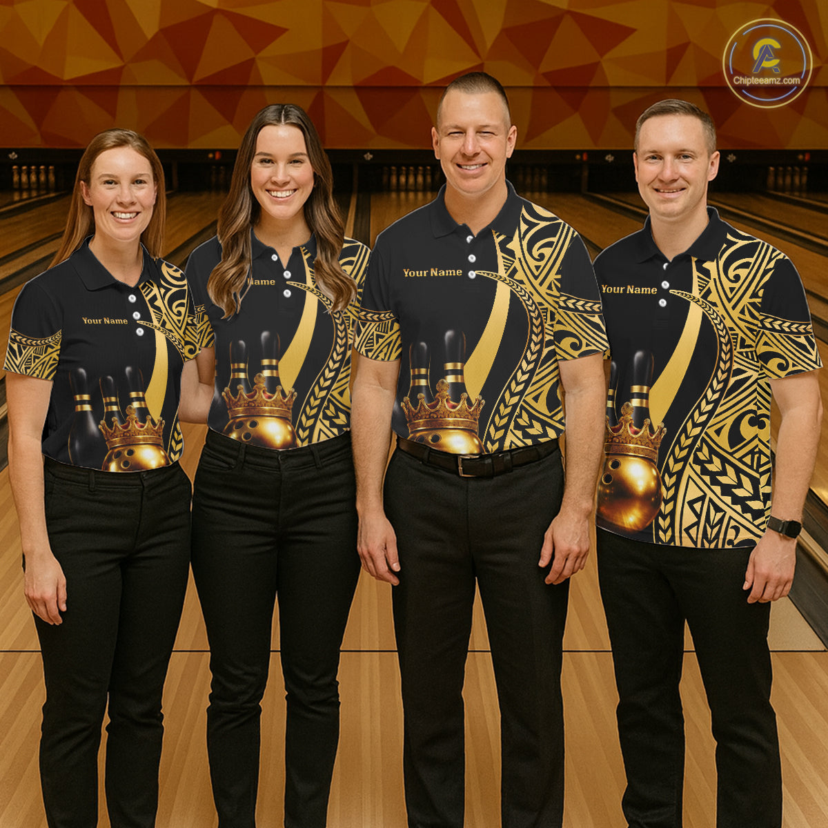 Black and Gold crown Bowling ball pins Polo, Quarter Zip Shirts for Men Custom Bowling Team jerseys NQS11592