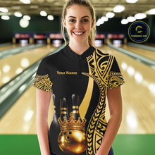 Load image into Gallery viewer, Black and Gold crown Bowling ball pins Polo, Quarter Zip Shirts for Women Custom Bowling Team jerseys NQS11592