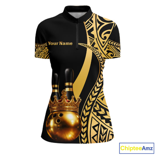 Black and Gold crown Bowling ball pins Polo, Quarter Zip Shirts for Women Custom Bowling Team jerseys NQS11592