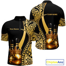 Load image into Gallery viewer, Black and Gold crown Bowling ball pins Polo, Quarter Zip Shirts for Men Custom Bowling Team jerseys NQS11592