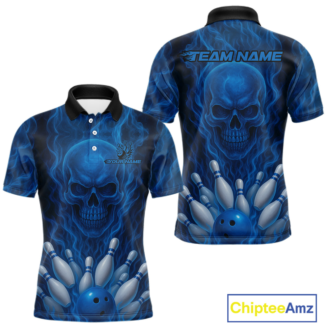 Blue Smoke Flame Skull Bowling shirts for Men custom Bowling Team Jersey, Gift For Bowler NQS10810