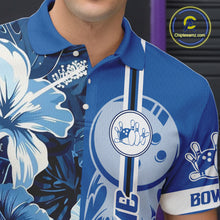 Load image into Gallery viewer, Blue tropical flower Flame Bowling Polo, Quarter Zip Shirts For Men Custom Bowler Gift Bowling Team NQS10990