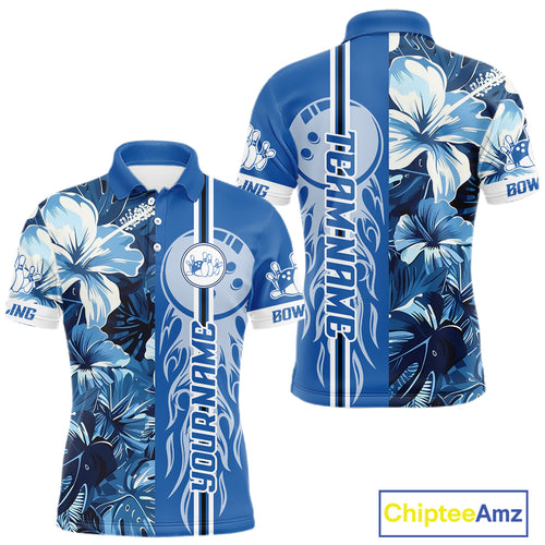 Blue tropical flower Flame Bowling Polo, Quarter Zip Shirts For Men Custom Bowler Gift Bowling Team NQS10990