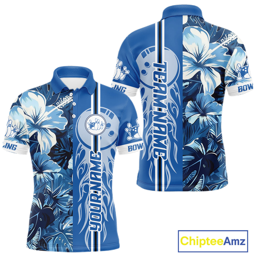 Blue tropical flower Flame Bowling Polo, Quarter Zip Shirts For Men Custom Bowler Gift Bowling Team NQS10990