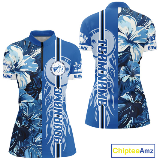 Blue tropical flower Flame Bowling Polo, Quarter Zip Shirts For Women Custom Bowler Gift Bowling Team NQS10990