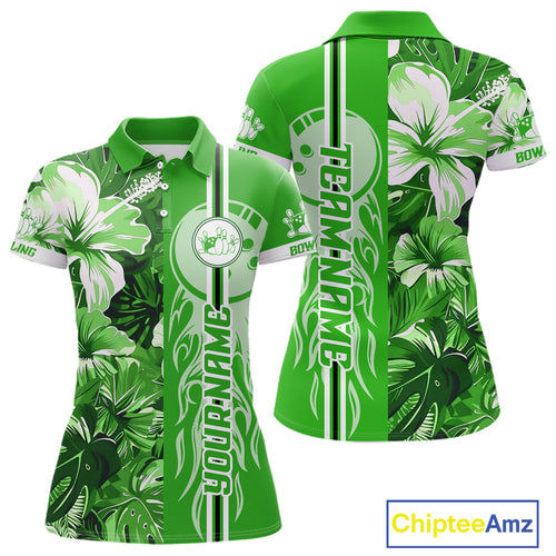 Green tropical flower Flame Bowling Polo, Quarter Zip Shirt For Women Custom Bowler Gift Bowling Team NQS10991