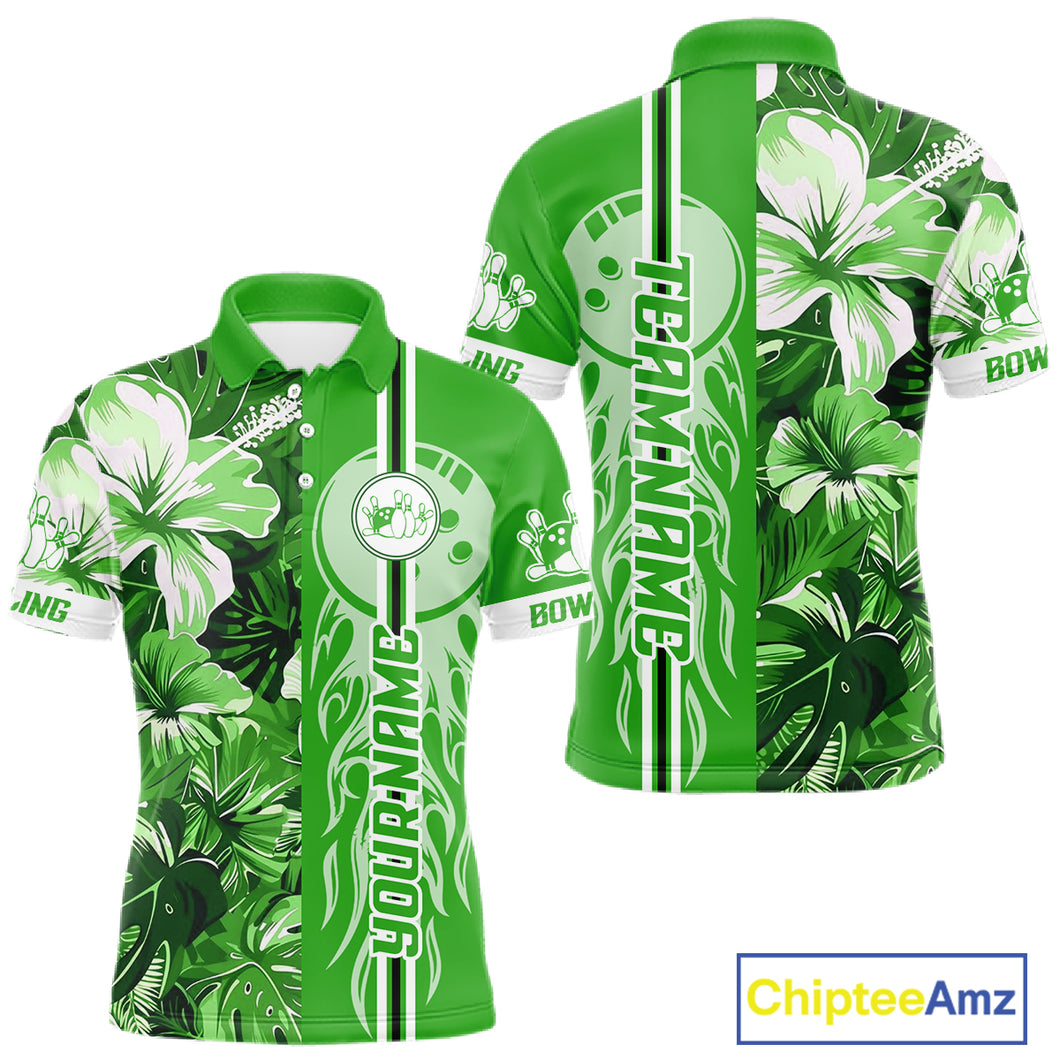 Green tropical flower Flame Bowling Polo, Quarter Zip Shirts For Men Custom Bowler Gift Bowling Team NQS10991