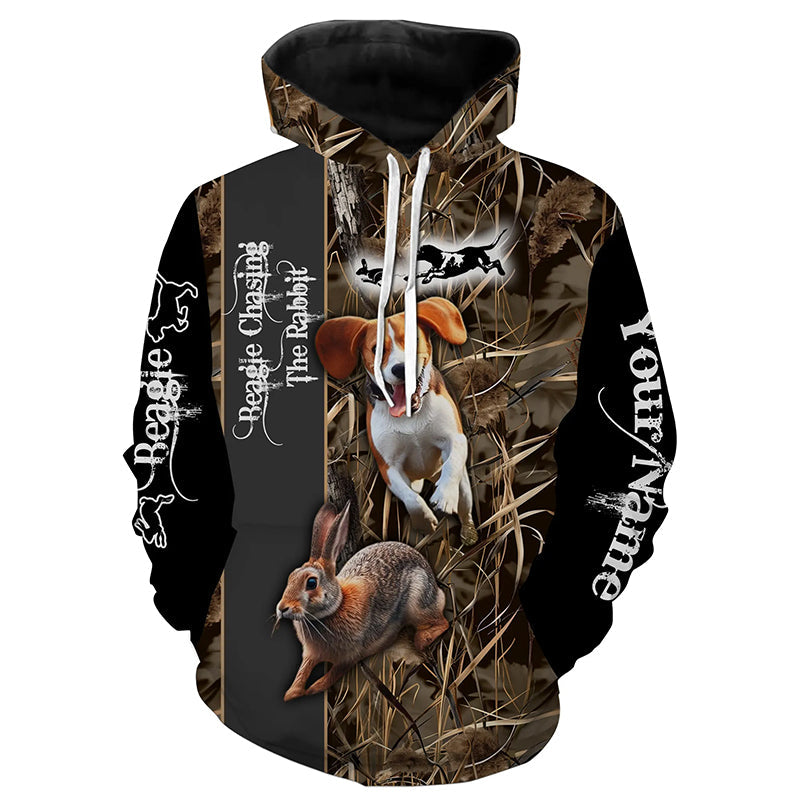 Beagle Dog Chasing the Rabbit Camo Custom Name Shirts, Rabbit Hunting Clothing FSD1044