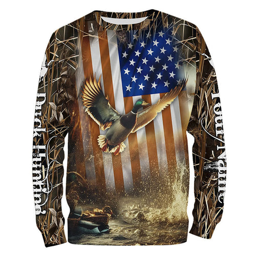 Duck Hunting American flag Waterfowl Camo Custom name Shirts for Men, Kid - Duck hunting gifts FSD2114