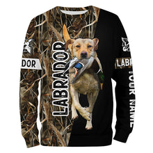 Load image into Gallery viewer, Duck Hunting with Dog Yellow Labrador Retriever Waterfowl Camo custom Name Shirts for Duck Hunters FSD4531