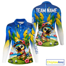 Load image into Gallery viewer, Womens golf polo shirt with tropical parrot print, personalized name and team, Hawaiian bird design.