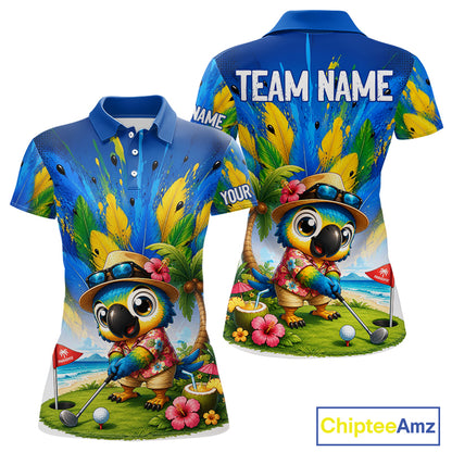 Funny Hawaiian bird golf jersey, personalized tropical parrot womens golf polo shirt, front view.