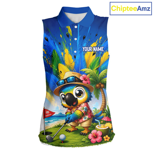 Funny Hawaiian bird golf jersey, personalized tropical parrot womens sleeveless golf polo shirt, front view.