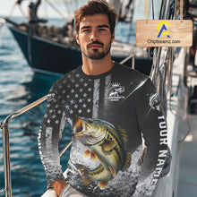 Load image into Gallery viewer, Gray Bass Custom Long Sleeve Fishing Shirts, American Flag Patriotic Bass Fishing Shirt NHT514