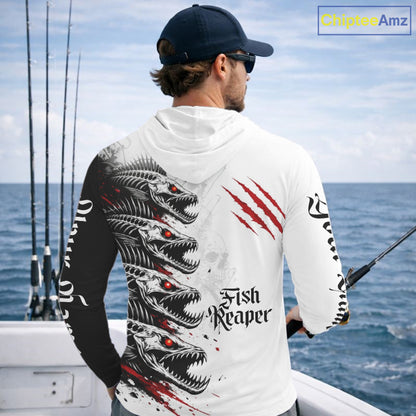 Personalized Fishing Fish Skeleton Hooded Fishing Shirts Jerseys, Fish Reaper Skull Fishing Shirts NHT516