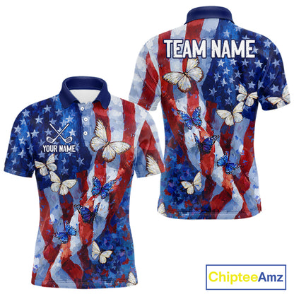 Personalized American Flag Butterfly Golf Polo Shirt – Custom Name Patriotic Team Apparel