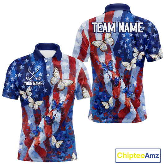 Personalized American Flag Butterfly Golf Polo Shirt – Custom Name Patriotic Team Apparel