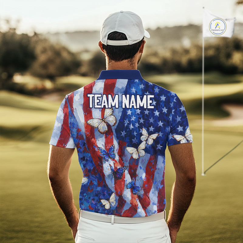 Man wearing a colorful shirt with butterfly design and 'TEAM NAME' text on a golf course.
