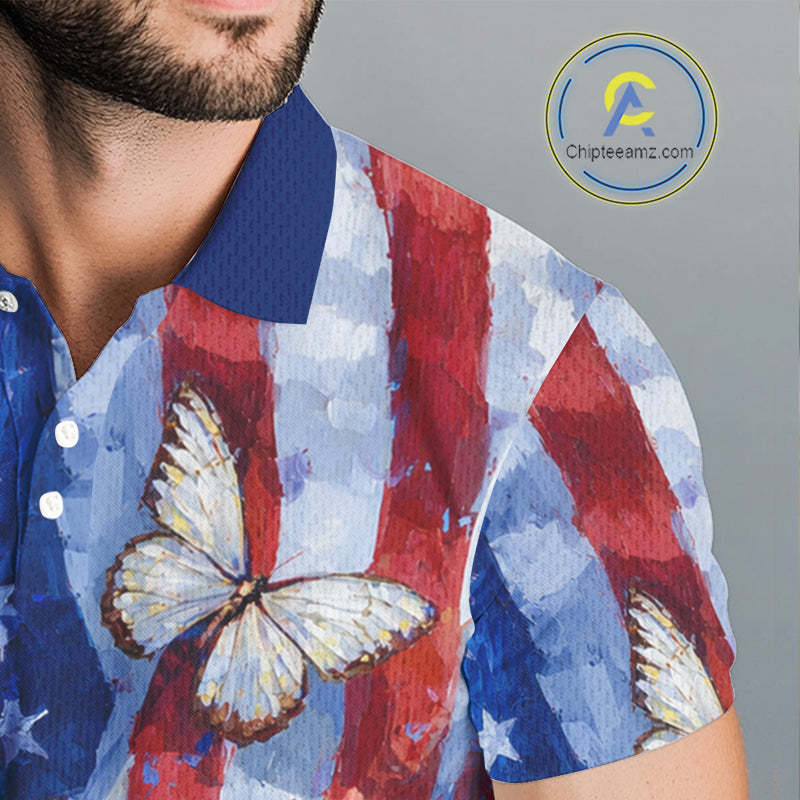 Personalized American Flag Butterfly Golf Polo Shirt – Custom Name Patriotic Team Apparel