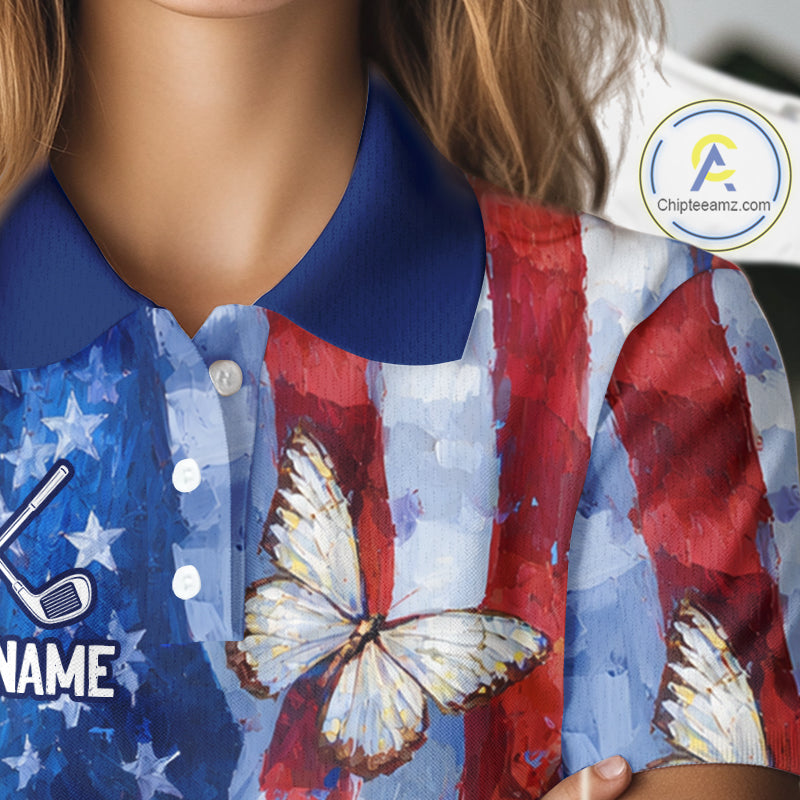 Personalized American Flag Butterfly Womens Golf Polo Shirt – Custom Name Patriotic Team Apparel