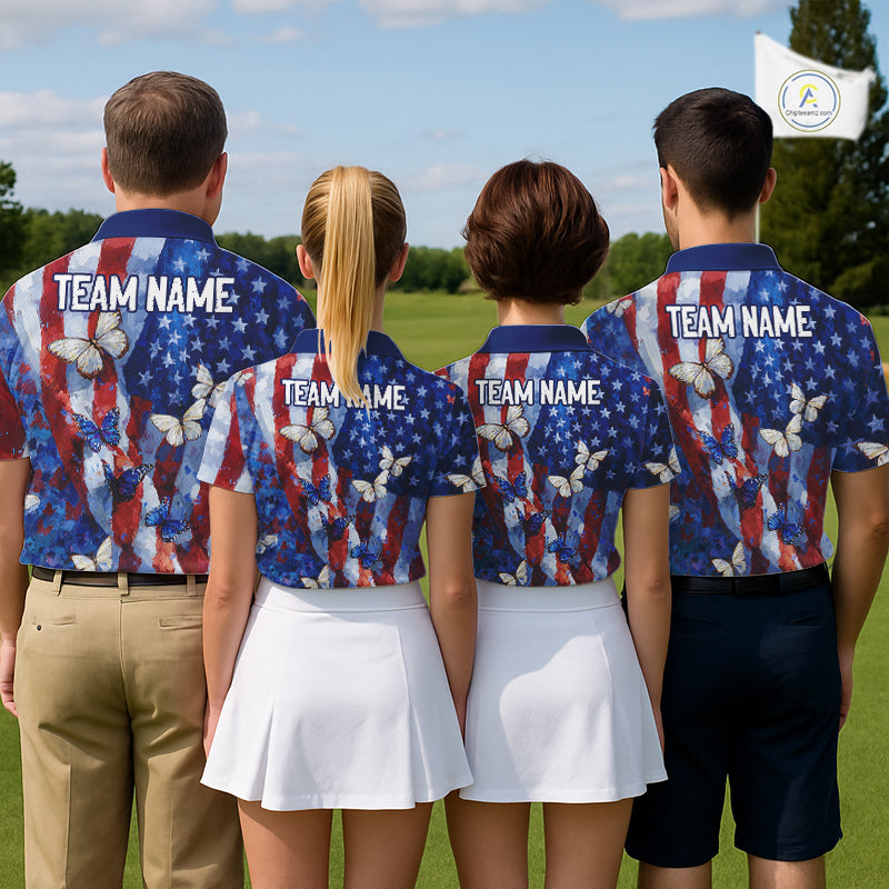 Personalized American Flag Butterfly Golf Polo Shirt – Custom Name Patriotic Team Tournament NHT1033