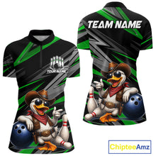 Load image into Gallery viewer, Women's custom cowboy duck bowling quarter zip shirt – green front view