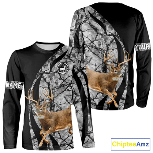 Deer Jumping Hunting 3D Black Gray Camo Custom Name All Over Print Shirt Hunting Shirts NHT206