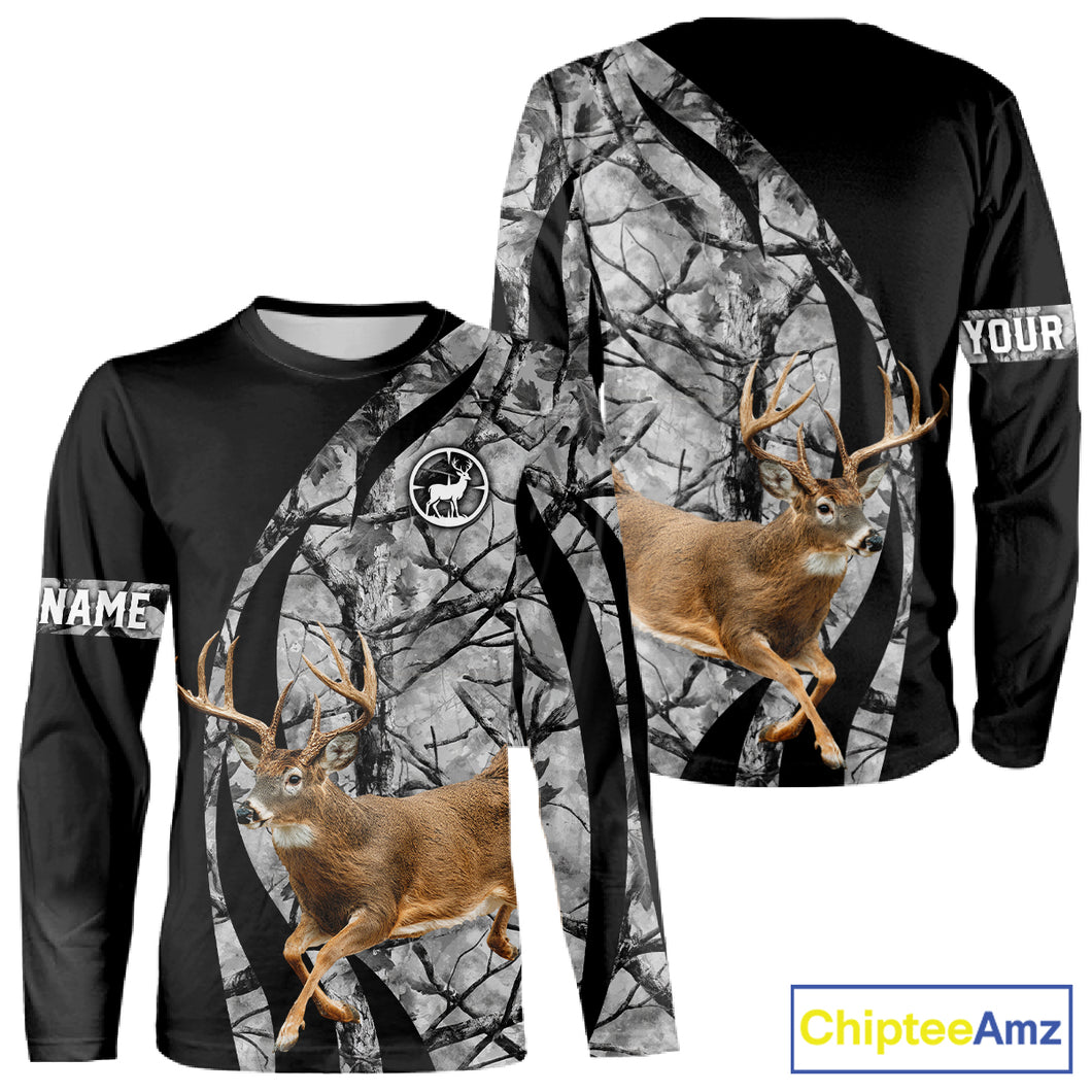 Deer Jumping Hunting 3D Black Gray Camo Custom Name All Over Print Shirt Hunting Shirts NHT206