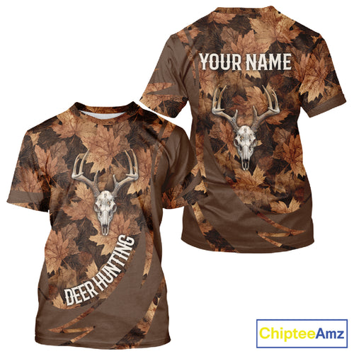 Skull Deer Hunting 3D Brown Camo Autumn Custom Name All Over Print Shirt Hunting Clothes NHT207