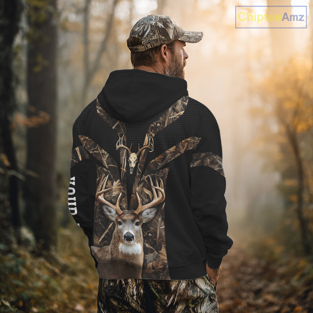 Brown Camo 3D Deer Hunting Hoodie For Men – Whitetail Buck Skull Design NHT335
