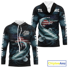 Load image into Gallery viewer, Personalized American Flag Catfish Fishing Shirts Long Sleeve Hooded, Patriotic Catfish Fishing NHT523