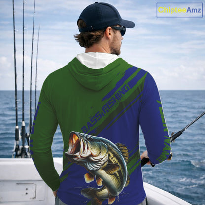 Green Blue Bass Fishing Shirt Long Sleeve Fishing Apparel For Men, Hooded Fishing Shirt For Fisher NHT873