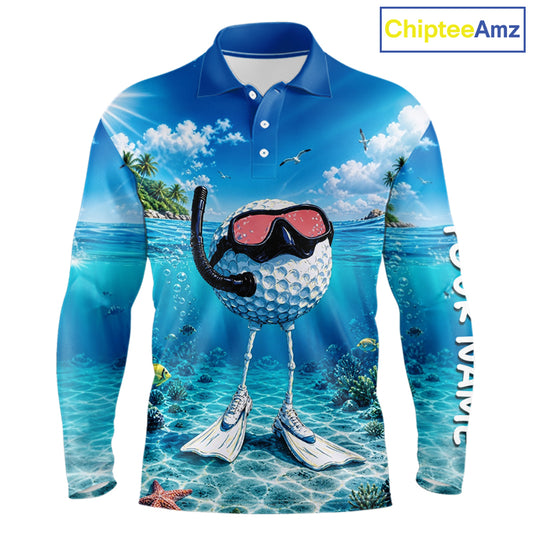 Funny Snorkeling Golf Ball Polo Shirt For Men – Beach Ocean 3D Print, Custom Team Name NHT879