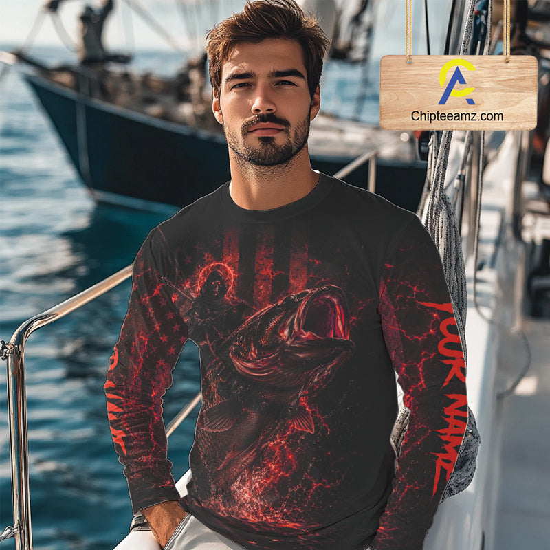 Grim Reaper Bass Fishing Jersey, Largemouth Bass Long Sleeve Performance Fishing Shirt|Red NHT1212