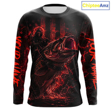 Load image into Gallery viewer, Red Grim Reaper Bass Fishing Jersey long sleeve with largemouth bass graphic and performance fit.
