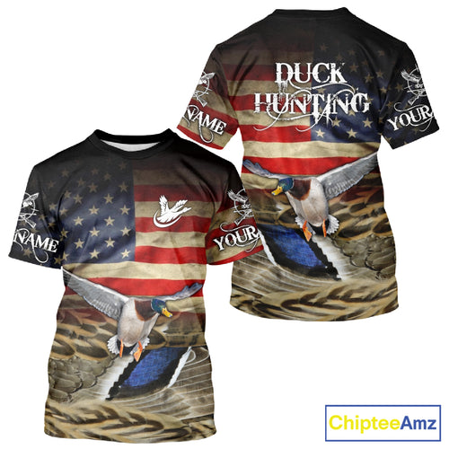Duck Hunting Waterfowl Camo US Flag, Duck Hunting Gifts, Duck Hunting Shirt NHT294