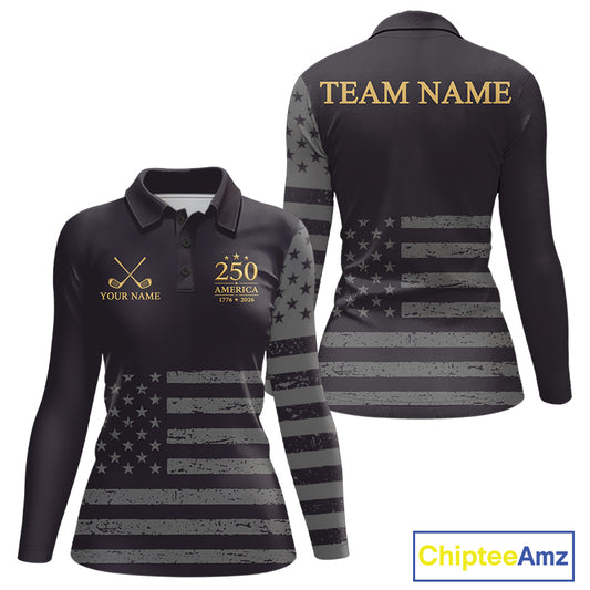 Black & Gold American Flag Womens Golf Polo Shirts, Golf Gifts For Team NHT887