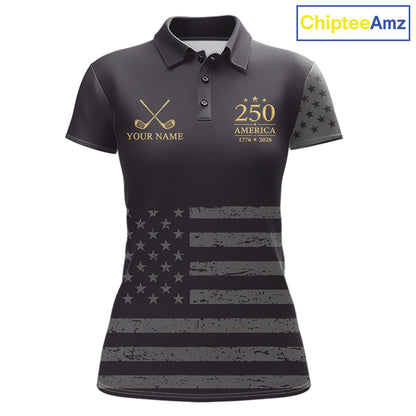 Black & Gold American Flag Womens Golf Polo Shirts, Golf Gifts For Team NHT887