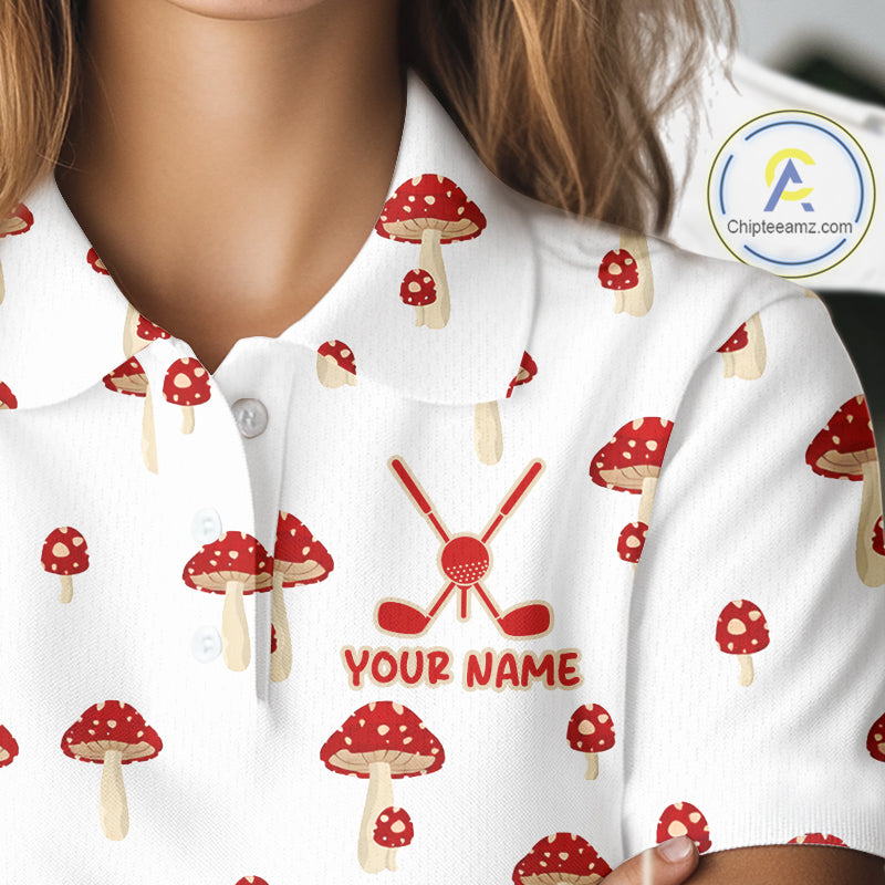 Funny Mushroom Womens Golf Polo Shirt, Personalized Mushroom Red White Pattern Golf Jersey NHT888