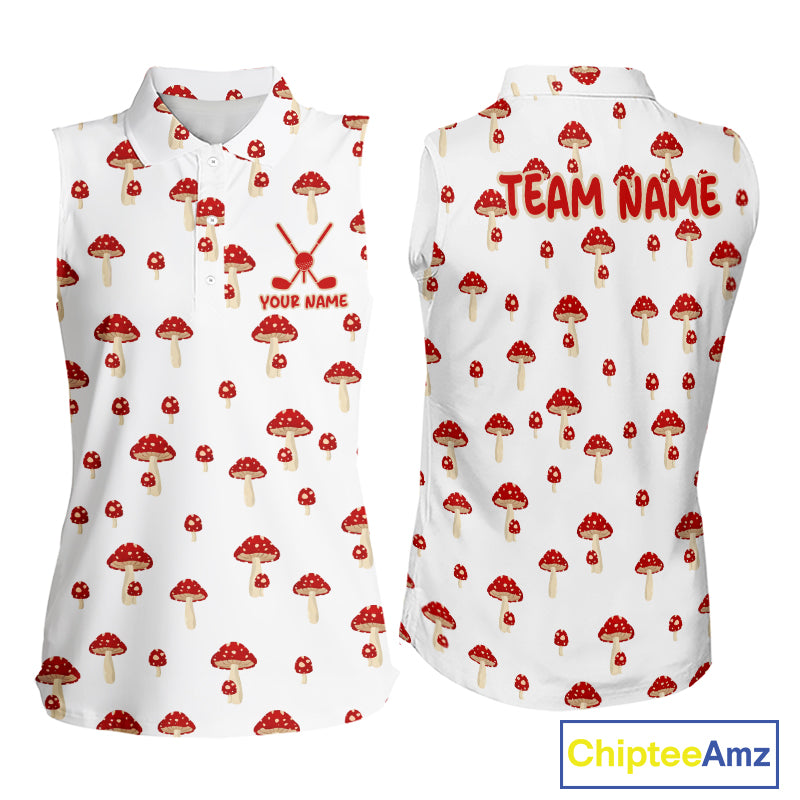 Funny Mushroom Sleeveless Womens Golf Polo Shirt, Personalized Mushroom Red White Pattern Golf Jersey NHT888