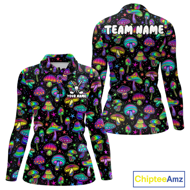 Funny Neon Mushroom Pattern Womens Golf Polo Shirt – Custom Name, Team Name For Golfer NHT889