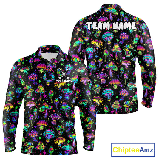Funny Neon Mushroom Pattern Mens Golf Polo Shirt – Custom Name, Team Name For Golfer NHT889