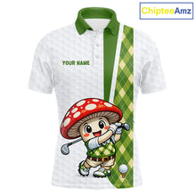 Load image into Gallery viewer, Funny Cartoon Mushroom Mens Golf Polo Shirt White Argyle Green Pattern Golf Shirt NHT890