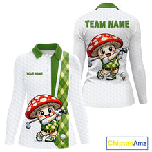 Load image into Gallery viewer, Funny Cartoon Mushroom Womens Golf Polo Shirt White Argyle Green Pattern Golf Shirt NHT890