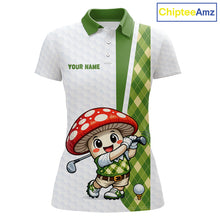 Load image into Gallery viewer, Funny Cartoon Mushroom Womens Golf Polo Shirt White Argyle Green Pattern Golf Shirt NHT890