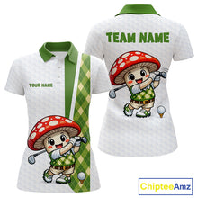Load image into Gallery viewer, Funny Cartoon Mushroom Womens Golf Polo Shirt White Argyle Green Pattern Golf Shirt NHT890